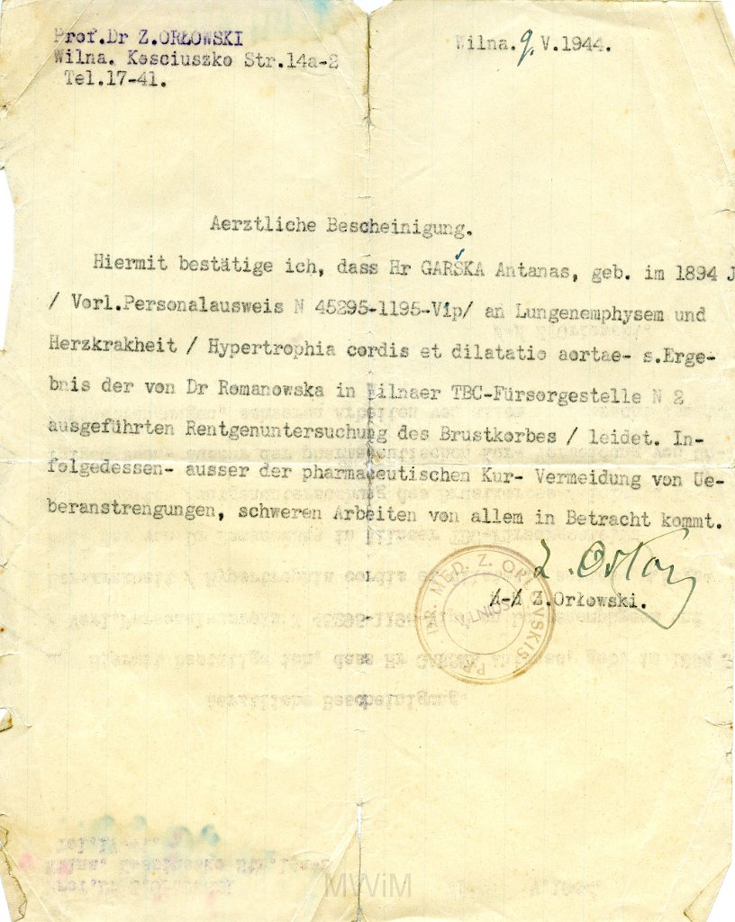 KKE 5712.jpg - (niemiecki) Dok. Zaświadczenie lekarskie od prof. Dr Z. Orłowskiego dla Antoniego Graszko w sprawie choroby serca (rentgen, TBC), Wilno, 9 V 1944 r.